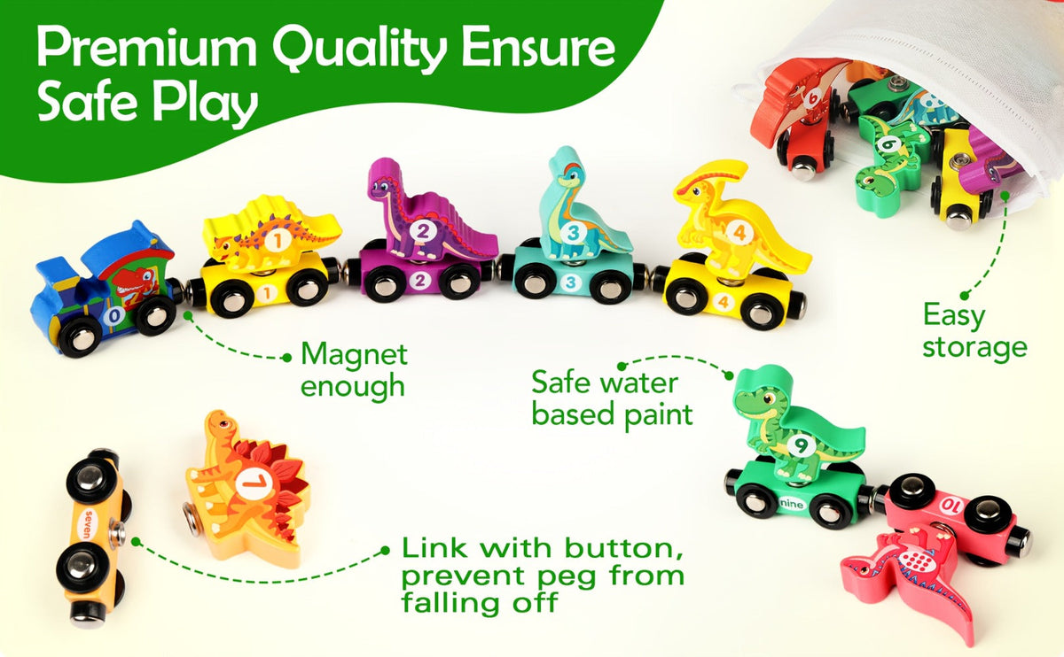 Magnetic Dinosaur Number Train – 11-Piece Wooden Train Toy with Dinosaur Engine & 10 Numbered Cars