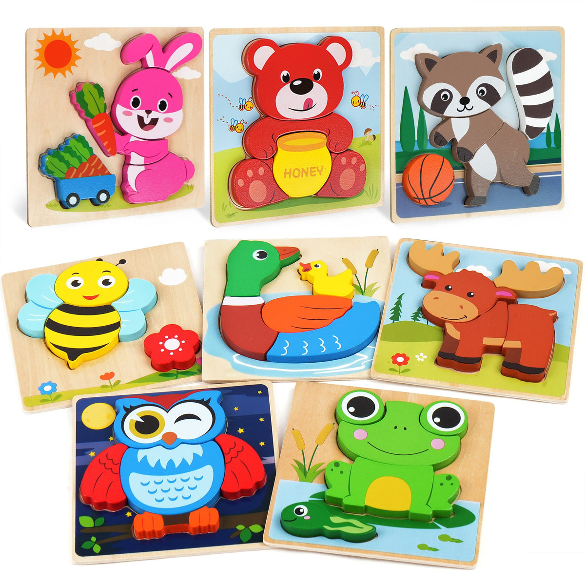 Wooden Animal Puzzles for Toddlers, 8-Pack – Colors & Shapes Learning Set Ages 1-3