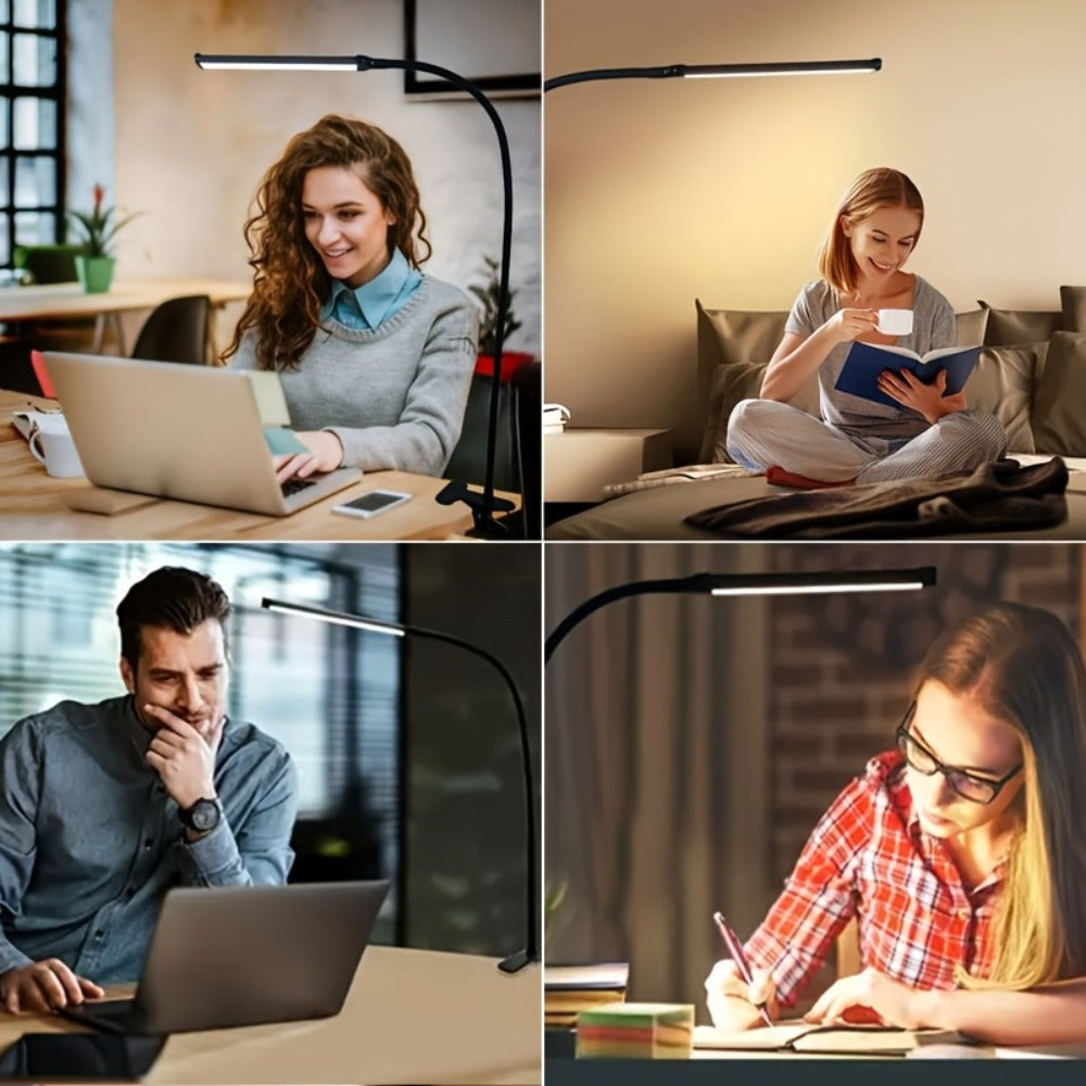 Clip-On LED Desk Lamp Flexible Gooseneck USB Powered – 3 Color Modes 10 Brightness Levels Swing Arm Clamp Light for Home Office Study Reading Crafts Gaming Bedroom – Black
