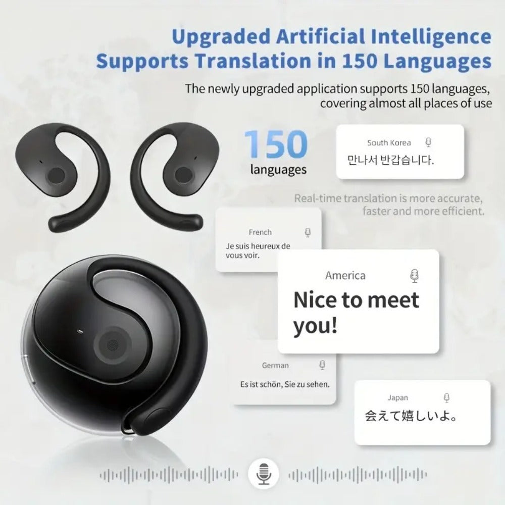 100 Language Real-Time Translation TWS Earphones Coconut Ball Pendant Wireless Earbuds Conference Recording Noise Canceling Mic Touch Control Fast Charging Type-C Free Lanyard for Travel Business