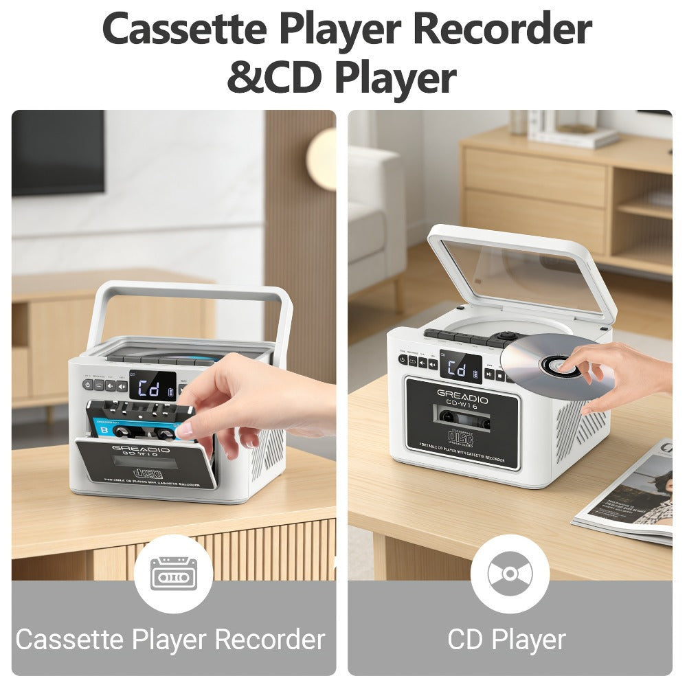 Boombox CD Cassette Player Rechargeable 5000mAh Battery 5W Dual Stereo Speakers FM Radio Tape Recording AUX SD USB 3.5mm Jack Portable Home Audio Player