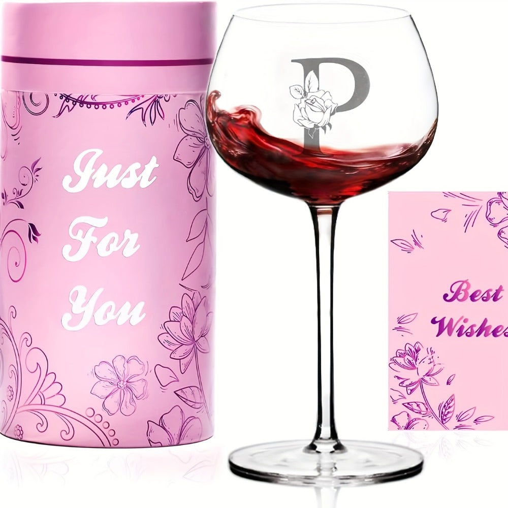 Personalized Wine Glass Gift for Women – A-Z Initial Letter Monogrammed Wine Glass with Gift Box & Greeting Card – Unique Birthday, Christmas & Mother's Day Gift for Mom, Best Friend & Sister
