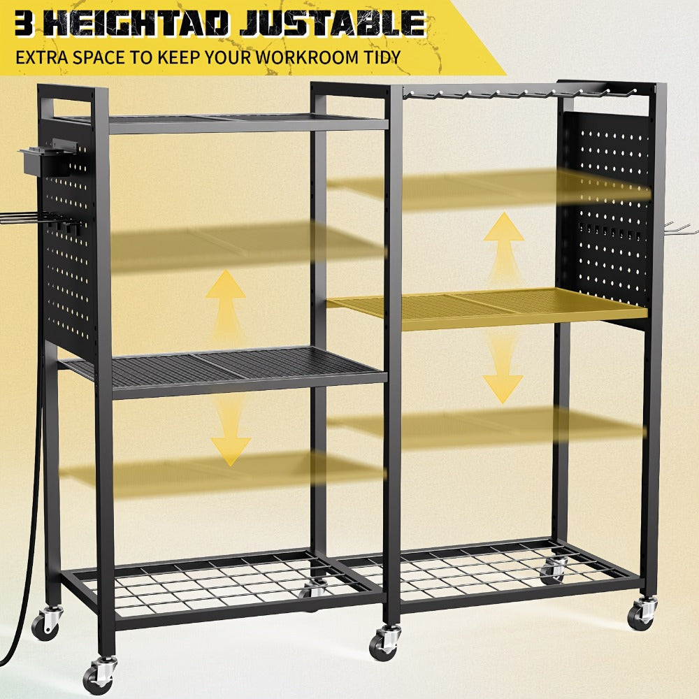 Mobile Tool Cart with Charging Station – 12 Drill Holders & 5 Storage Shelves Power Tool Organizer | Rolling Utility Rack Toolbox with Battery Charging Power Strip for Garage & Workshop | 4 Colors