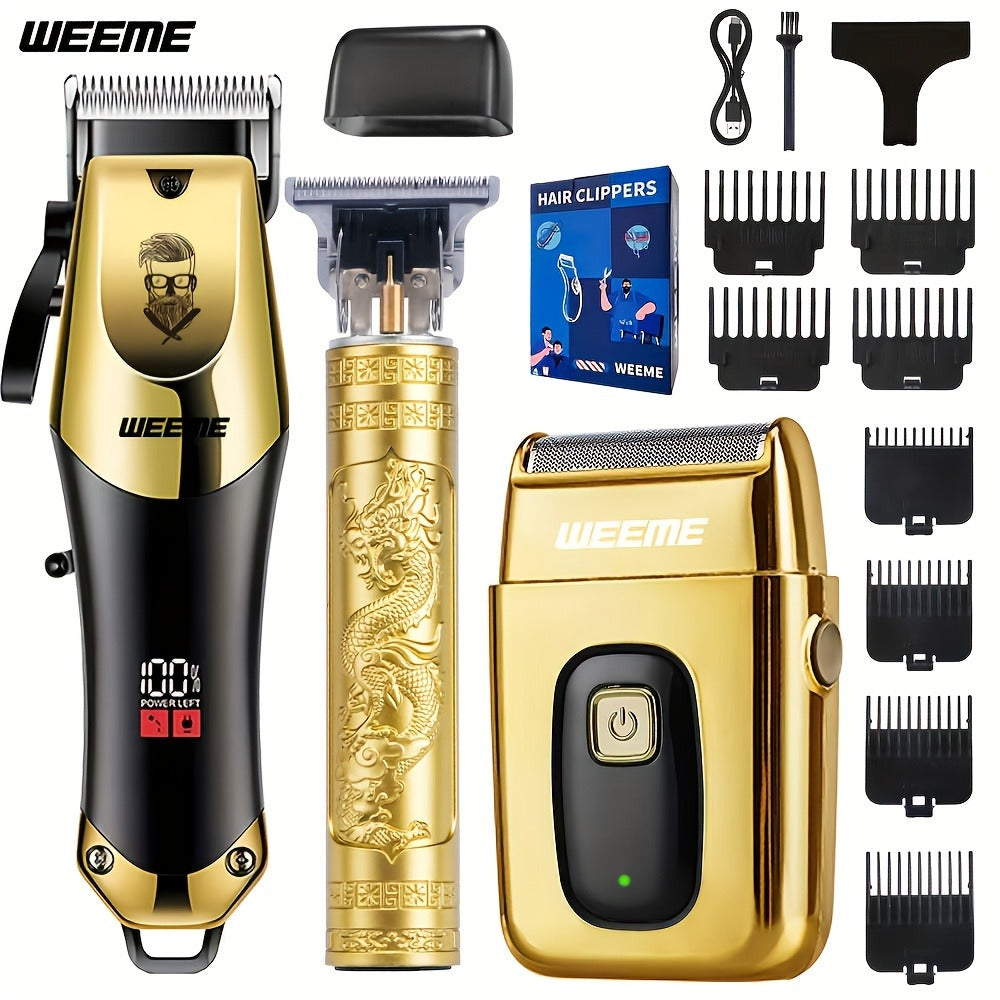 T-Blade Hair Clipper Set for Men - Golden Series USB Rechargeable Trimmer Kit with Guide Combs & Cleaning Brush, 1pc 2pcs 3pcs Options, Edge-Up Fade Beard Grooming, Gift for Men