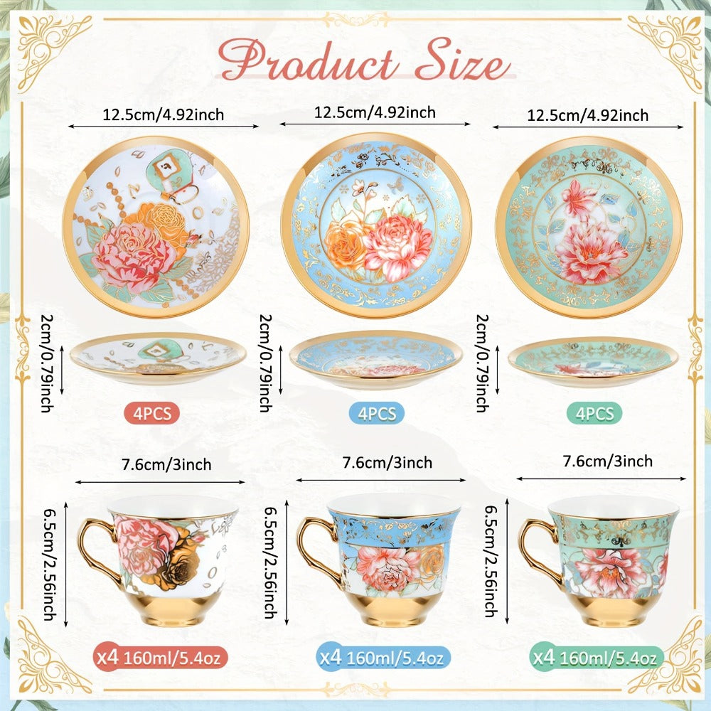 Floral Porcelain Tea Cups and Saucers Set of 12 – 5.4 Oz British Style Tea Party Cups – Classic Elegant Gift for Women – Perfect for Birthday, Mother's Day, Church & Tea Parties