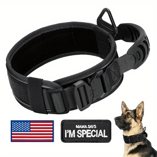Tactical Dog Collar with Padded Handle, Reflective Stitching and Metal Buckle, 2.6 Inch