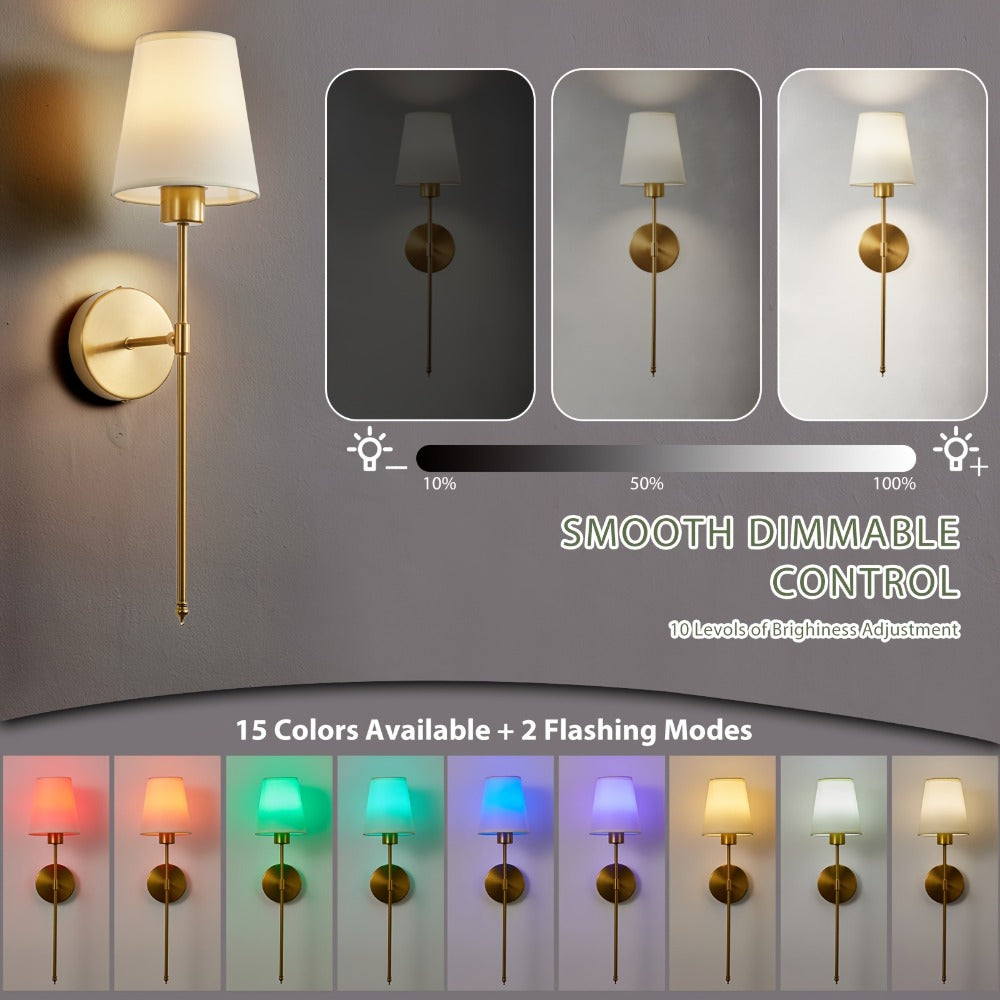 Rechargeable Wall Sconce 2-Pack RGB – 15-Color Dimmable LED Wall Light with Remote Control, 5200mAh Battery, No Wiring for Bedroom, Living Room, Kitchen & Corridor (Gold / Black)