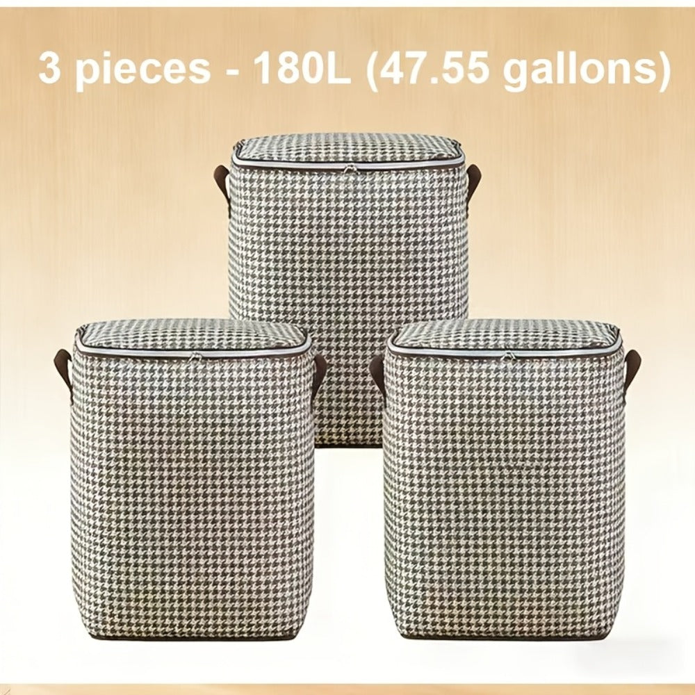 Large Storage Bags Houndstooth Non-Woven Fabric Organizer with Double Zipper & Handles – 160L/180L Dustproof Foldable Storage Box for Bedroom, Closet, Moving, Travel & Dorm, 1pc or 3pcs Set