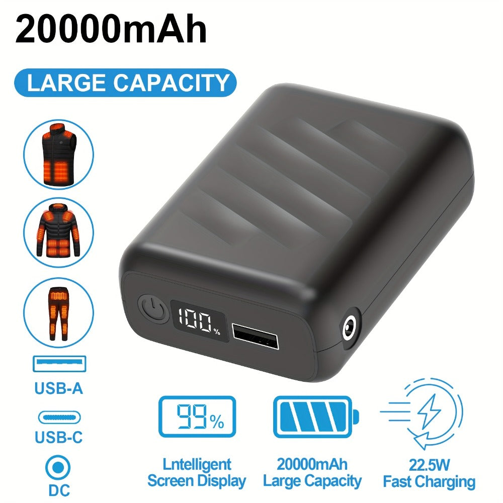 Dual Voltage 5V 7.4V Power Bank 20000mAh 22.5W Fast Charging LED Display DC USB Type-C Output Lithium Polymer Portable Charger for Smartphones Tablets Heated Clothing Devices