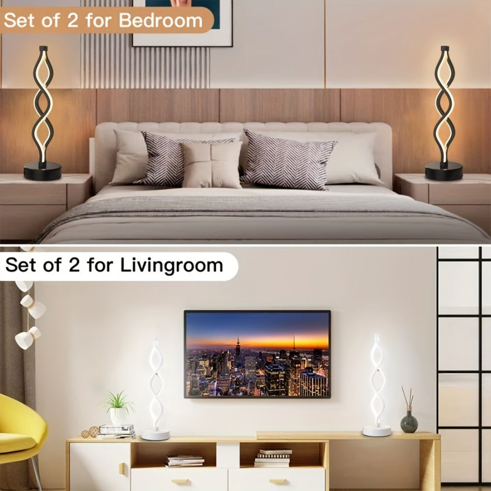 Spiral LED Table Lamp – Modern Minimalist Wave Dimmable Desk Lamp, 3 Color Temperatures, USB Charging, Metallic Base, Creative Curved Night Light for Bedroom Living Room Office Study (1pc / 2pc / Wooden)