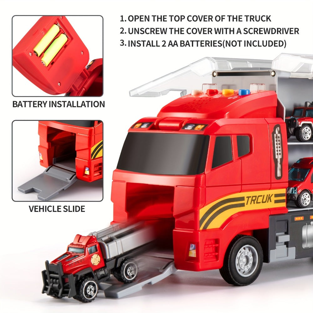 Fire Truck Toy Set with Die-Cast Metal Carrier Truck & Play Mat, Emergency Vehicle Playset