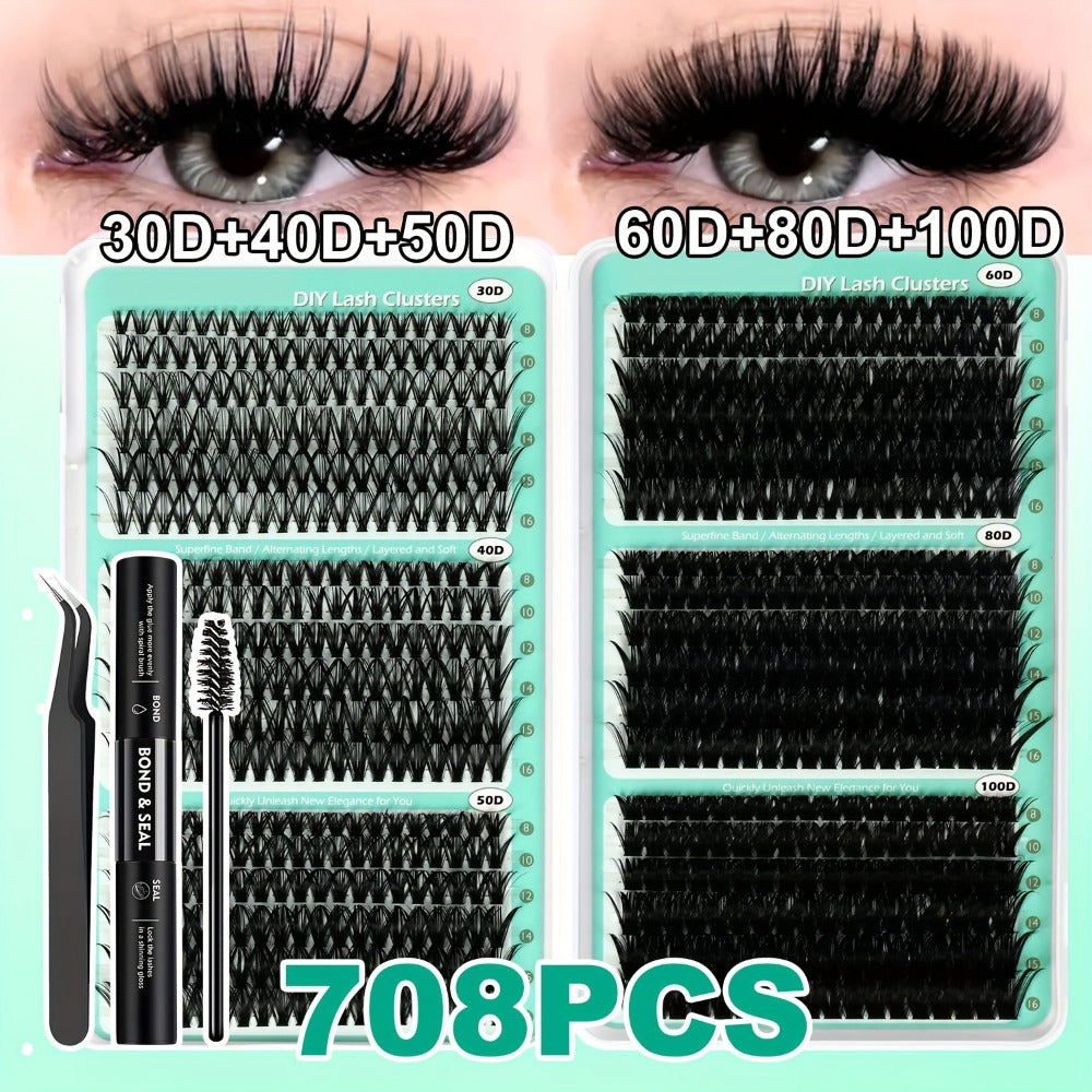 Lash Clusters Kit 708Pcs with Tweezers, Glue & Brush – Soft Silky Fiber False Eyelashes Full Voluminous DIY Lash Extension Set for Party, Wedding, Bridal & Daily Makeup, Beginner to Pro