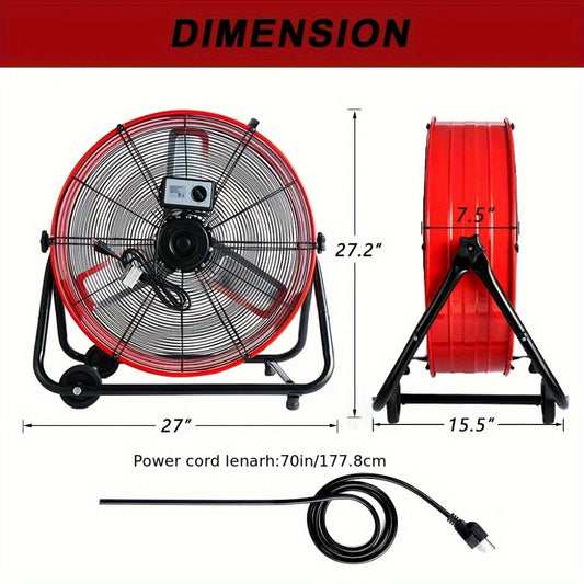 Industrial Floor Fan, 24-Inch 9000 CFM Drum Fan with 3 Speeds, 360° Tilt and Casters