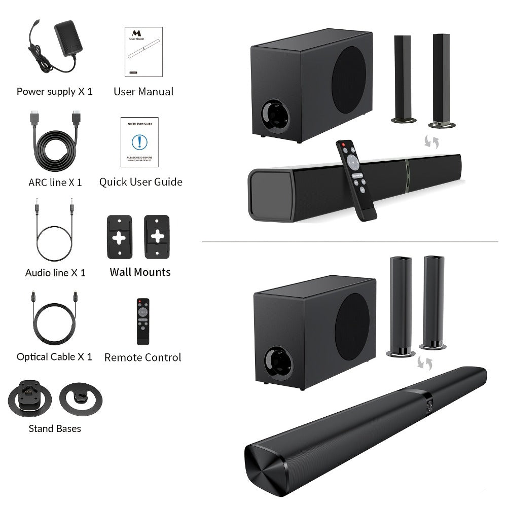 Soundbar with Subwoofer 2.1CH Home Theater Sound Bar for Smart TV, Deep Bass Wireless Bluetooth 5.0, ARC Optical AUX, Detachable Tower Speakers, Infrared Remote, for Movies Music Gaming