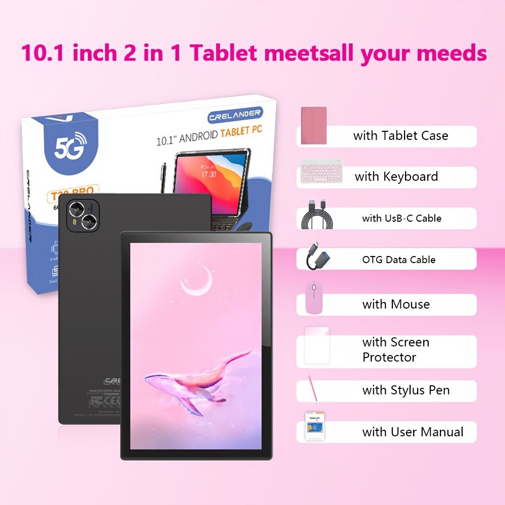 CRELANDER Android Tablet 10.1 Inch 2-in-1 with Keyboard & Mouse | 6GB RAM 128GB ROM, HD IPS Display, 5G Wi-Fi, GPS, Supports Calls, Dual Camera, Tablet PC for Work Travel Home