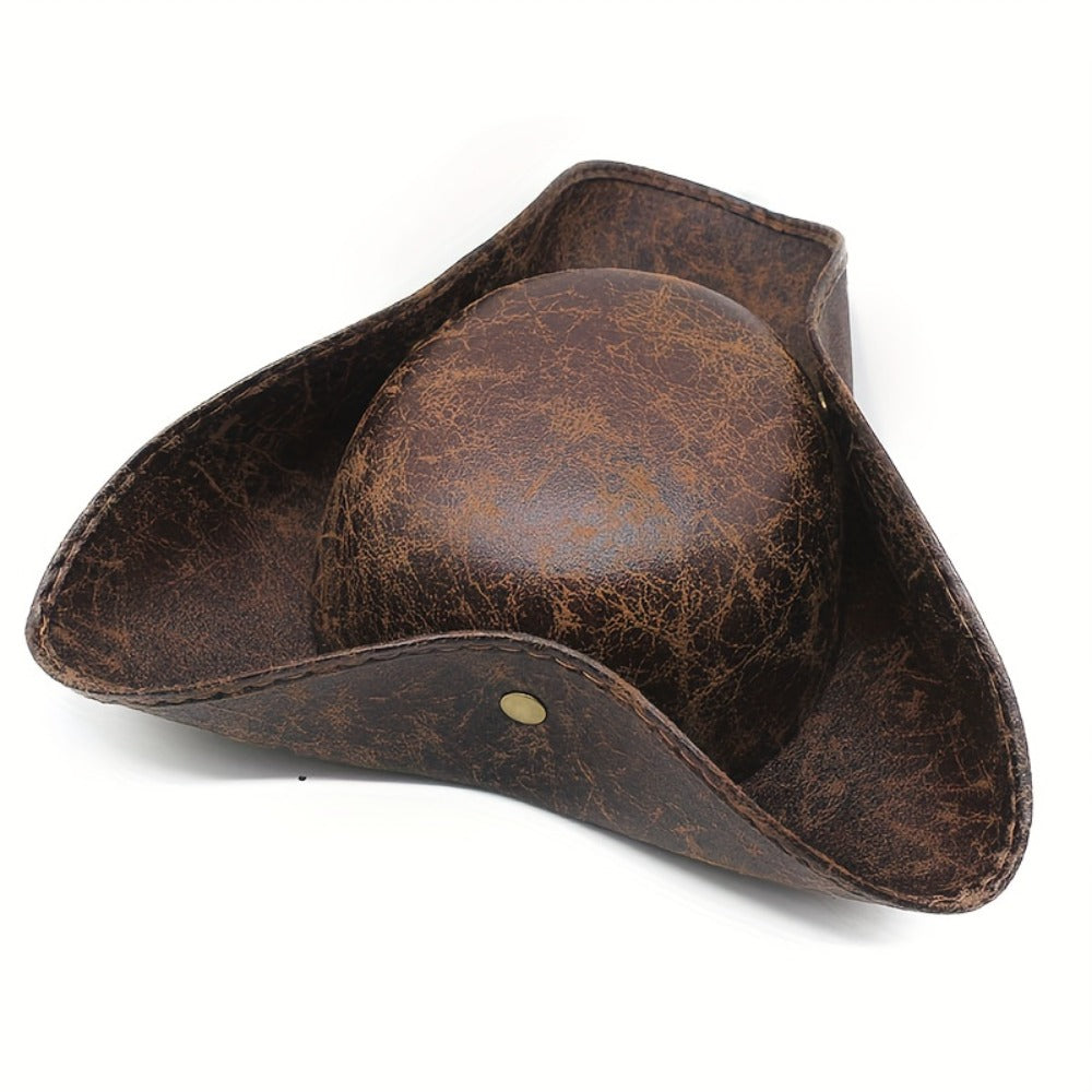 Pirate Tricorn Costume Hat with Distressed Faux Leather Look, Black or Brown