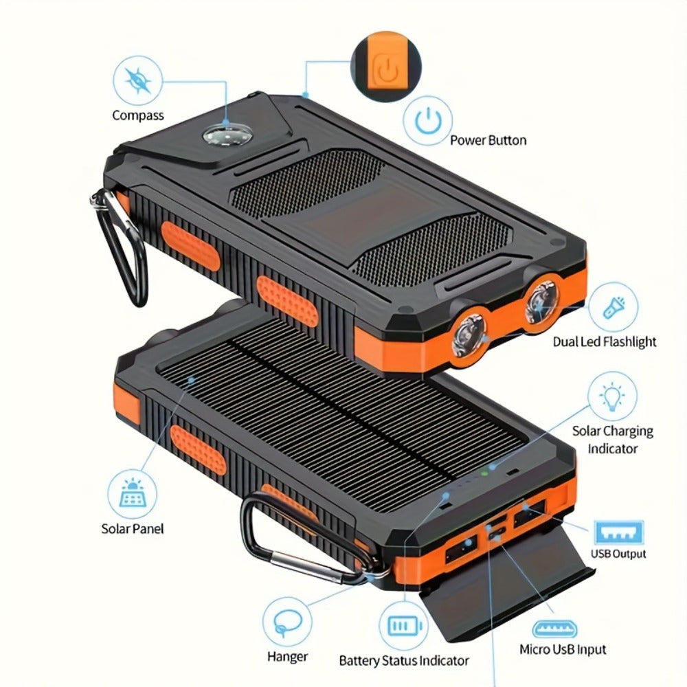 20000mAh Solar Power Bank with Built-In Flashlight & Compass – Dual USB Portable Charger for Camping Hiking Emergency Survival Outdoor Use, Compatible with All Mobile Devices, iPhone Android Samsung