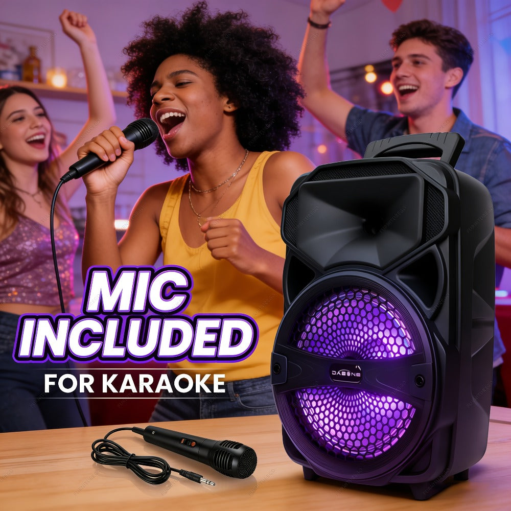 1000W Karaoke Machine with Wireless Bluetooth Party Speaker, 8-Inch Subwoofer, Loud Sound System, FM Radio, EQ Mode, Strobe Lights, Wired Microphone & Remote Control for Adults and Kids
