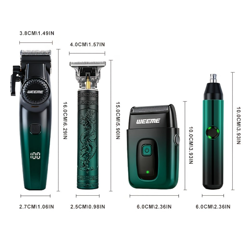 Hair Cutting Set 4pcs Professional - Electric Hair Clipper, Electric Shaver, T-Blade Trimmer & Nose Hair Trimmer, Gradient Green Gift Box, Precise Grooming Kit for Home Use & Gift
