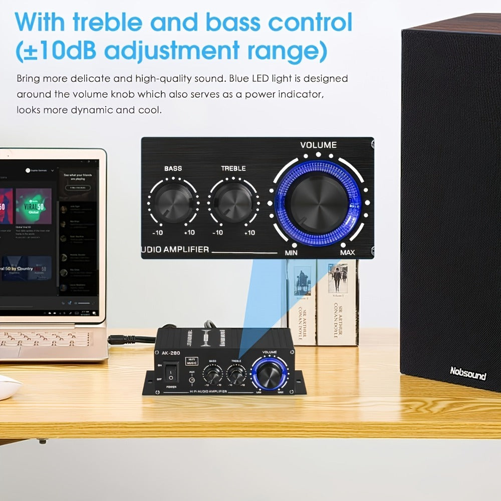 600W Mini HiFi Stereo Power Amplifier, Dual-Channel Class AB Compact Audio Amp, 2.0 Channel, RCA & AUX Input, Bass & Treble Control, Sound Amplifier for Home Theater, Computer & Car Audio (No Power Cord)