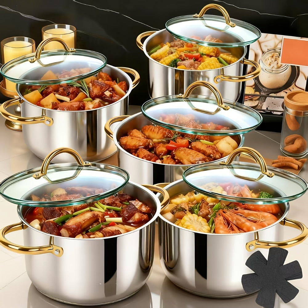 Stainless Steel Non-Stick Cookware Set 1 11 & 13 Piece – Non-Toxic Dishwasher & Oven Safe Kitchen Cooking Set | Frying Boiling Stir-Fry Pots and Pans | Golden Silver Pink Orange Home & Catering