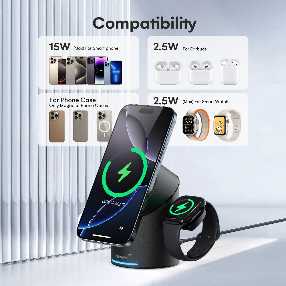 Qi2 3-in-1 Wireless Charging Station 15W ZEEHOO CylinTrick-R Cylindrical Rotating Magnetic Stand Hidden Pop-Up Charger Touch Activated for iPhone 17 16 15 14 13 12 Pro Max, Apple Watch Ultra Series 10 9 8 7 SE, AirPods 4 3 2 Pro – White Black