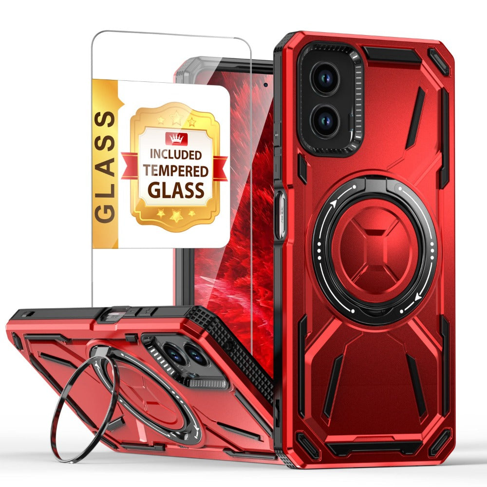 Moto G 5G 2024 Case with Tempered Glass Screen Protector & 360° Magnetic Ring Stand Kickstand – Shockproof Wireless Charging Compatible Protective Cover for Motorola Moto G 5G 2024