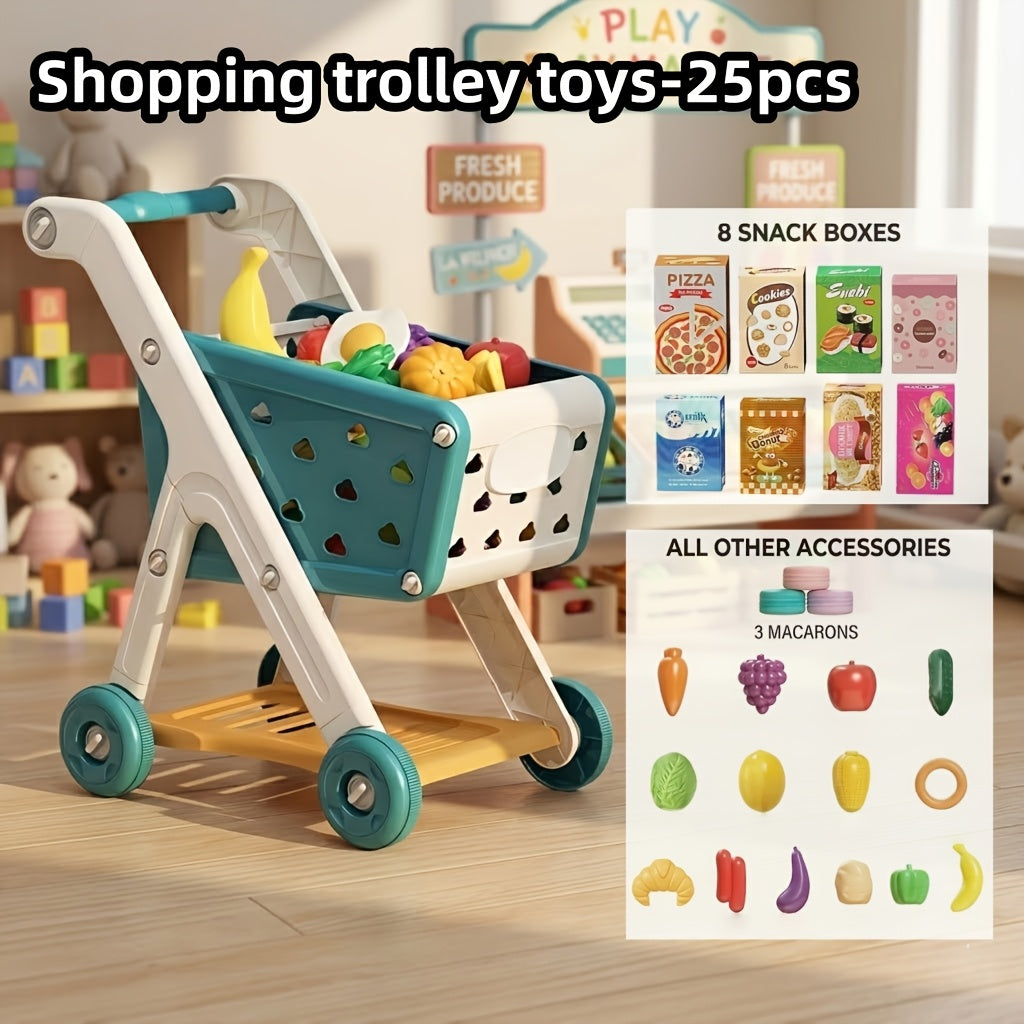 Pretend Play Shopping Cart Set with Toy Food for Grocery Store Role Play