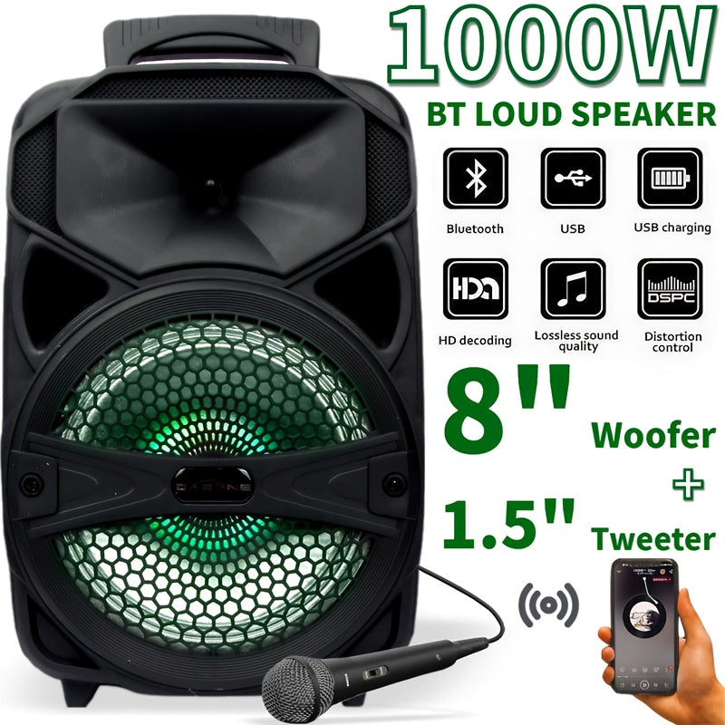 1100W Party Speaker with 7-Mode LED Lighting & Microphone – Portable Wireless Subwoofer, 8-Inch Bass Driver, Speaker Stand, 1800mAh Rechargeable Battery, TF USB AUX FM for Outdoor Parties & Karaoke