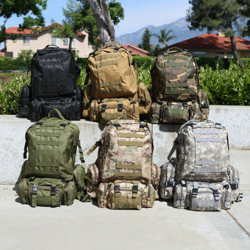 Tactical Backpack with MOLLE Webbing and 3 Detachable Pouches, 50–60L