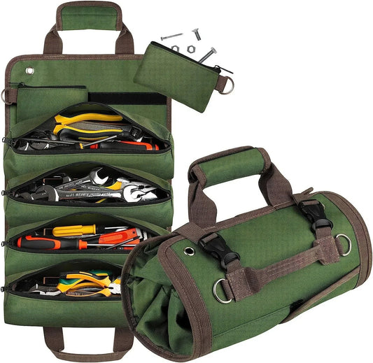 Roll Up Tool Bag Organizer with 4 Compartments and 2 Detachable Pouches