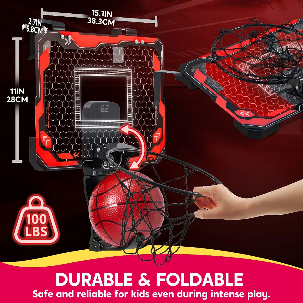 Over-the-Door Indoor Basketball Hoop with Light-Up Scoreboard, Red