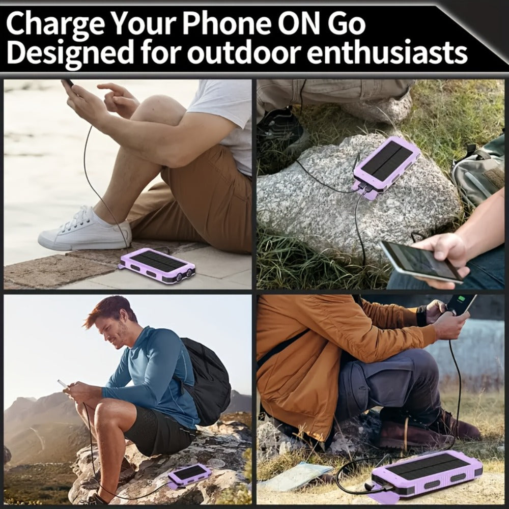 Hiking Solar Power Bank 10000mAh with Compass LED Flashlight & Carabiner Clip – Portable USB Charger for Camping Backpacking Travel Emergency Prep – Works with All Phones, Data Cable & Backpack Hook Included