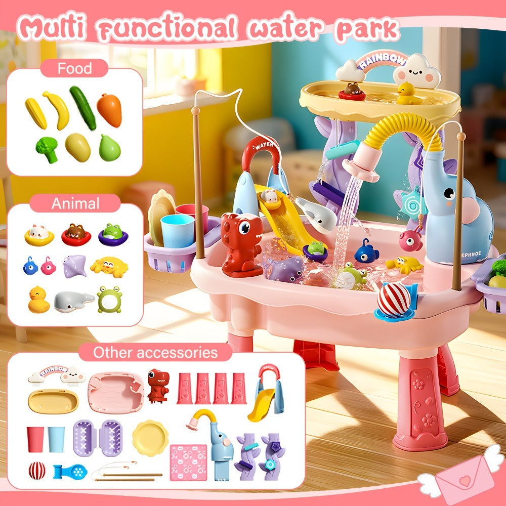 Kids Water Table Toy with Electric Pump & Faucet, Play Food & Fishing Toy in Blue or Pink