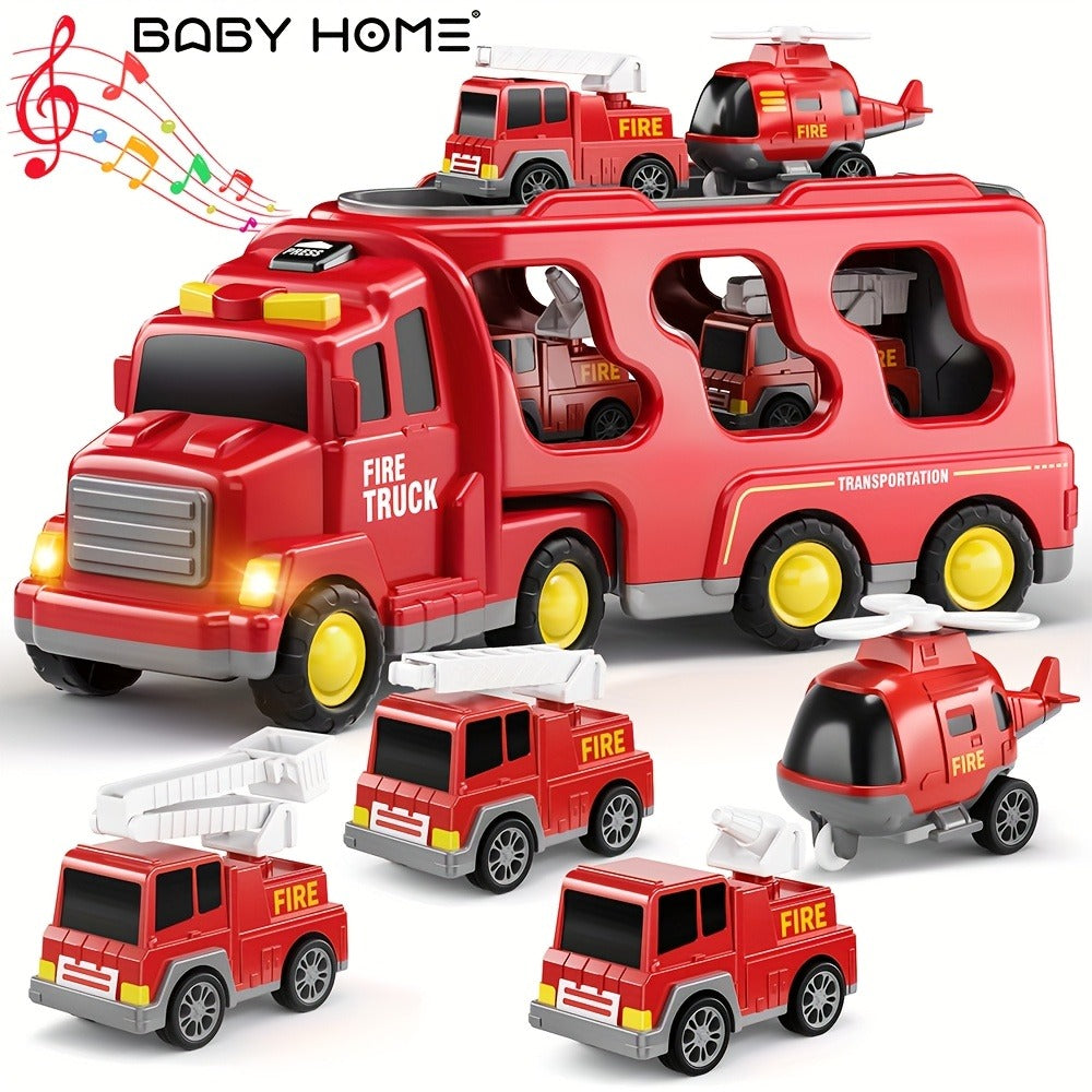 Fire Truck Rescue Playset, 5-in-1 Carrier with Interchangeable Vehicles