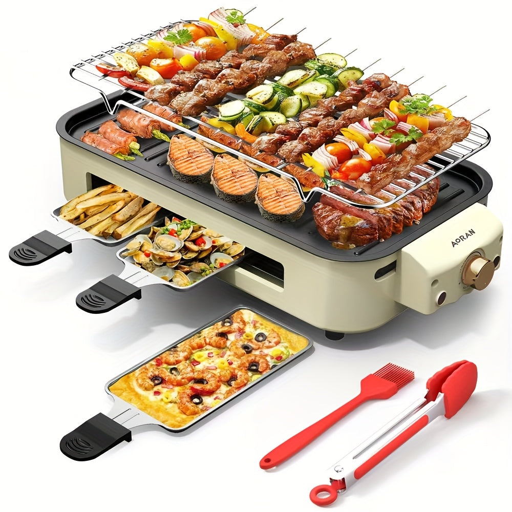 Electric BBQ Grill Indoor – 1500W Smokeless Tabletop Grill with Removable Frying Pan, Waffle Maker & Non-Stick Stainless Steel Plates, Adjustable Temperature, Perfect Christmas Housewarming Gift