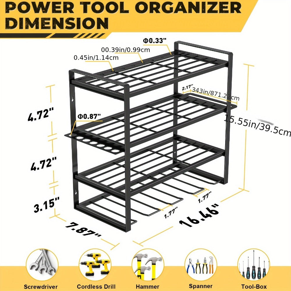 Power Drill Holder Wall Mount – Heavy Duty Tool Storage Rack with 3/4 Layer Floating Shelf | Cordless Drill Organizer | 4/6/8 Drill Holders Workshop Tool Rack for Garage & Workshop Organization