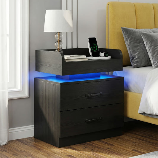 Bedside Table with Charging Station & LED Lights – Modern Wooden Nightstand with Drawer & Open Shelf | Black or White | 1pc or 2pcs Set | Bedroom Living Room End Table | Housewarming Gift