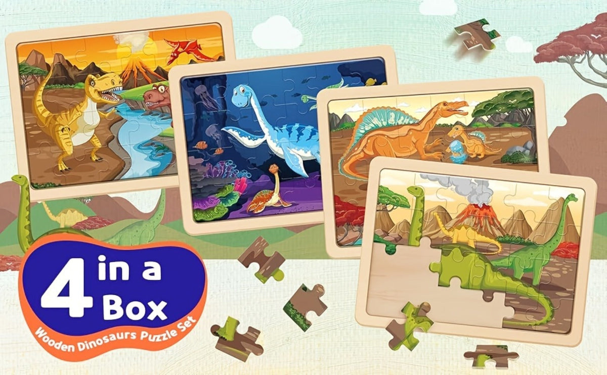 Dinosaur Wooden Jigsaw Puzzle Set for Kids, 4 Puzzles with 24 Pieces Each