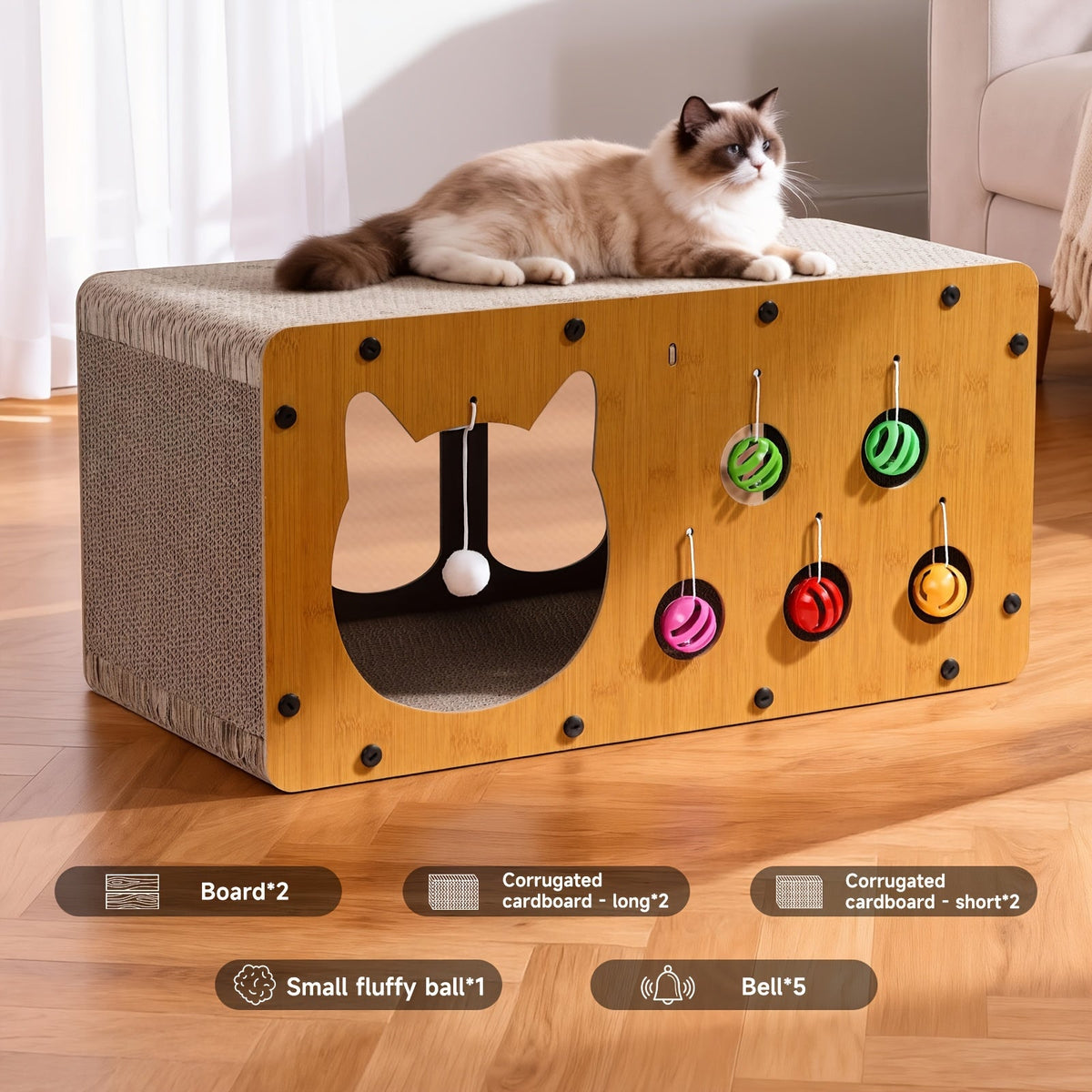 Cat Scratching Board with Interactive Rolling Ball – Multifunctional Cat Furniture for Scratching Playing & Resting, Sturdy Breathable Design, Perfect Cat Toy Gift for Indoor Cats