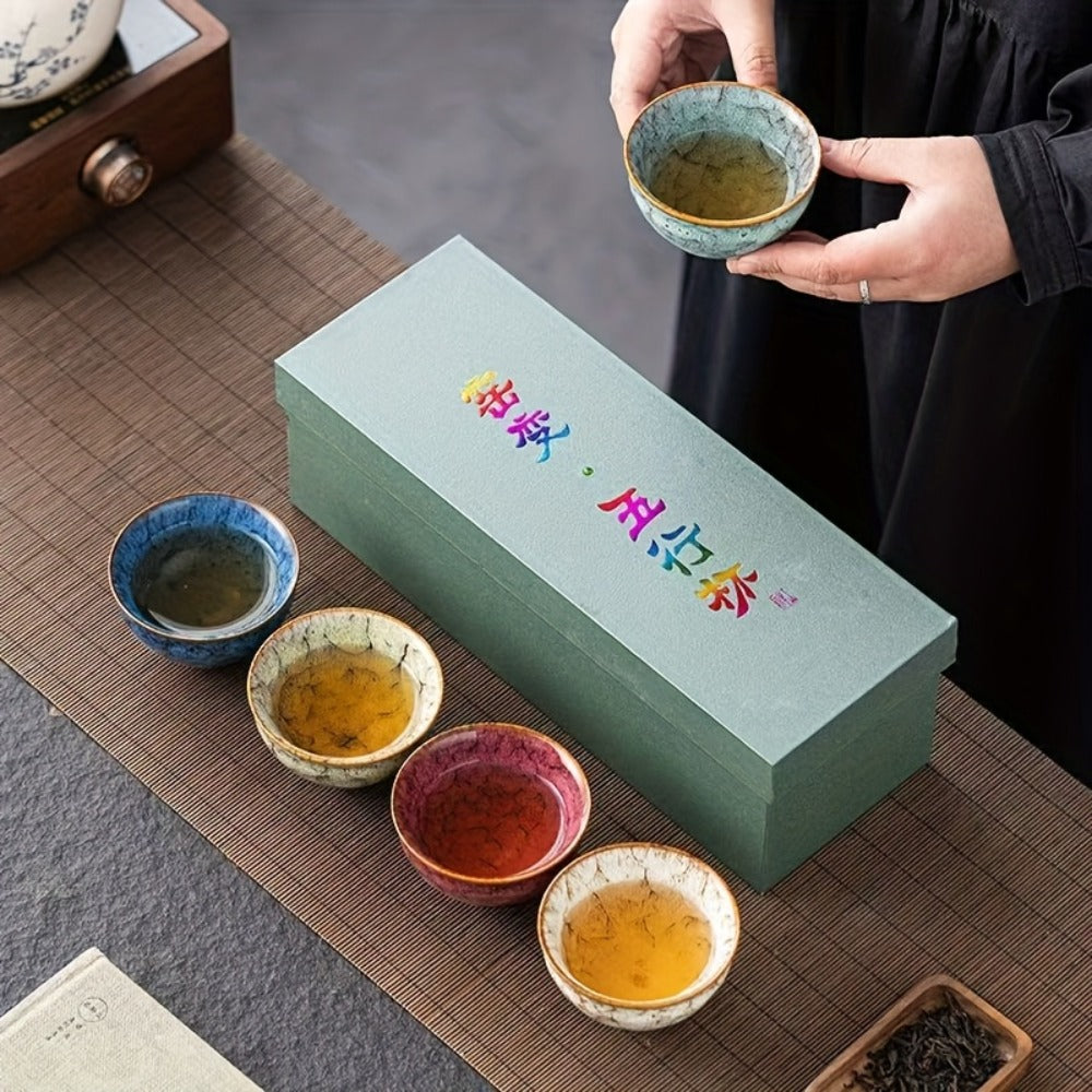 Kung Fu Tea Cups Set of 5 – Handmade Kiln-Fired Jianzhan Ceramic Teacups – Five-Element Design in 5 Colors with Gift Box – Elegant Chinese Tea Ceremony Cup Gift for Business, Friends & Family