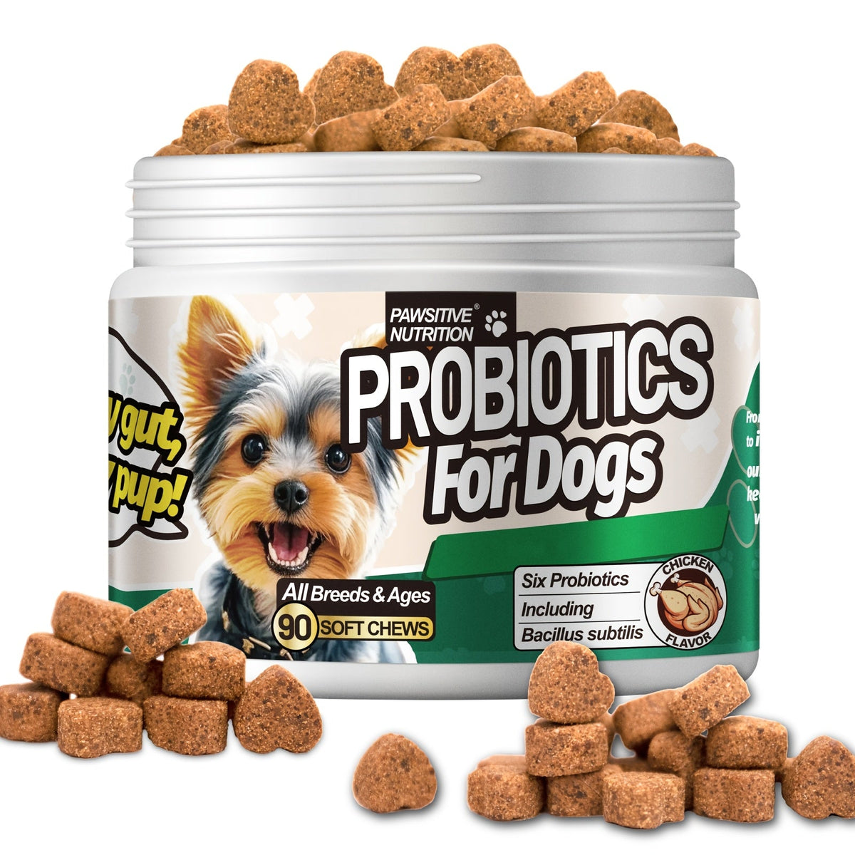 Dog Probiotic Supplement 6 Billion CFU with Prebiotic - 90 Chicken Flavor Chews for Itching Skin Relief, Digestive & Immune Health, All-in-One Canine Nutritional Supplement for All Breeds