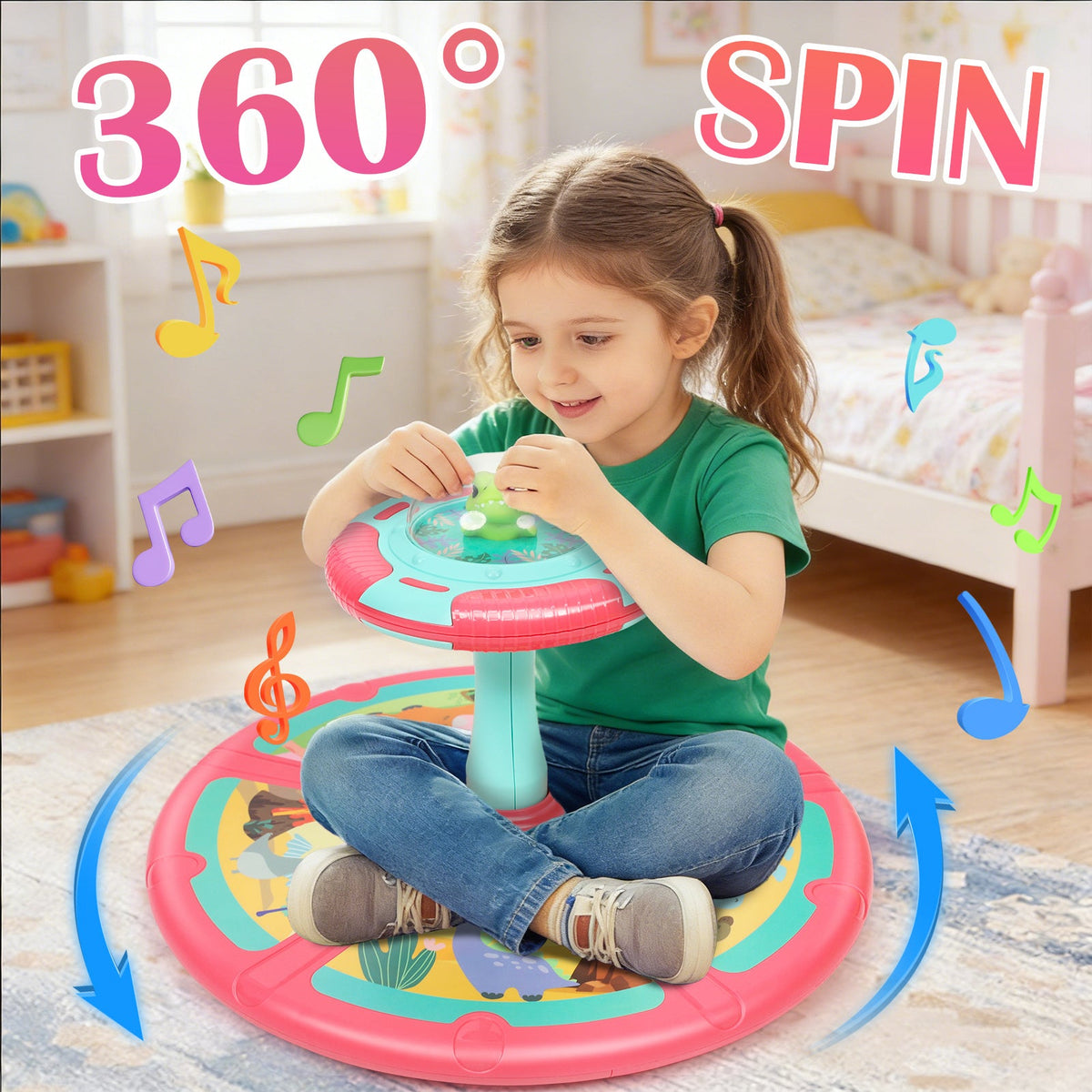 Dinosaur Spin Seat Toy for Toddlers 18 Months+ – 360° Sit and Spin with Music, Indoor Interactive Sensory Balance Toy, Supports Up to 110 lbs, Birthday Christmas Gift for Boys & Girls