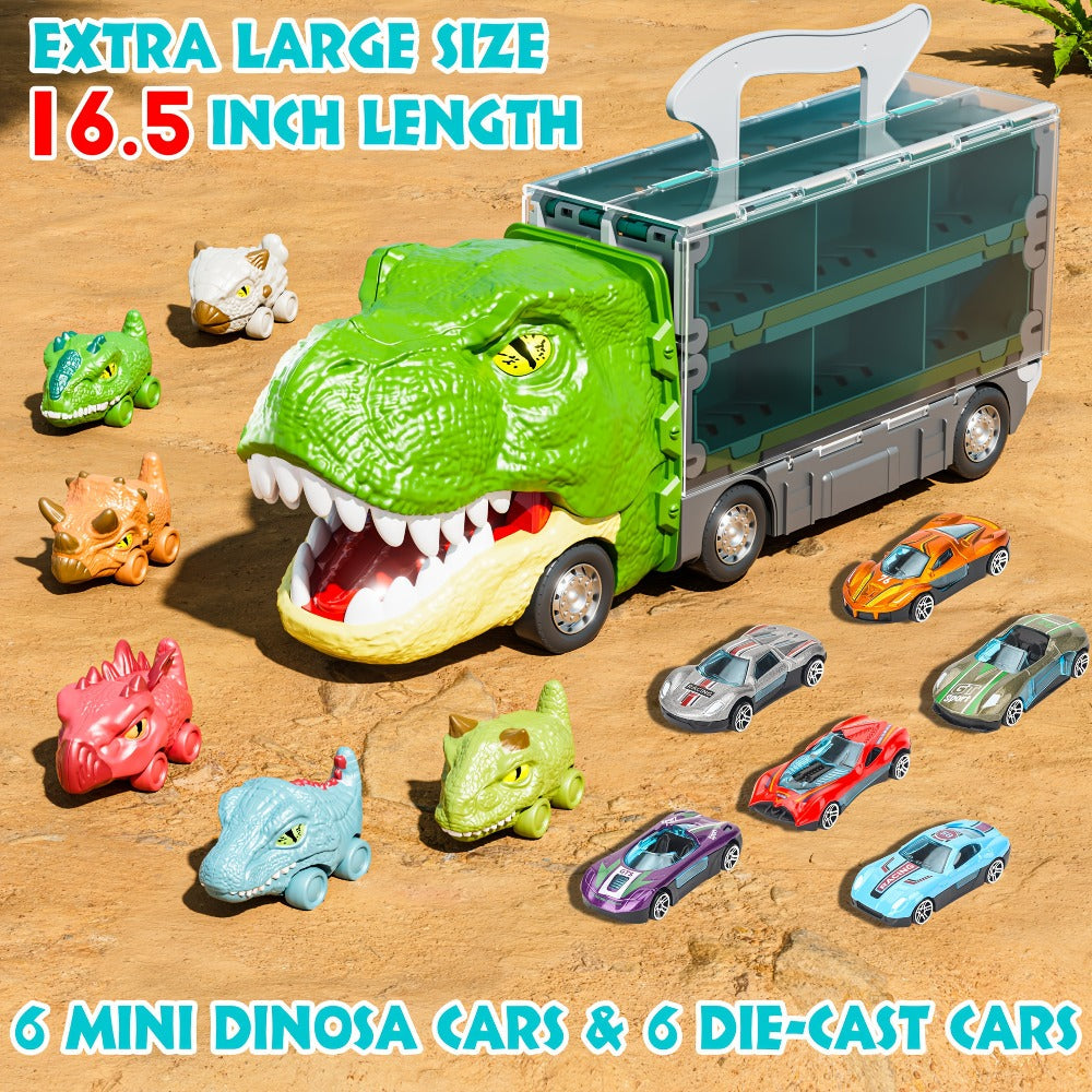 Dinosaur Truck Toy Carrier with 63-Inch Foldable Race Track, 13-in-1 Set with 12 Cars & 2-Player Racing