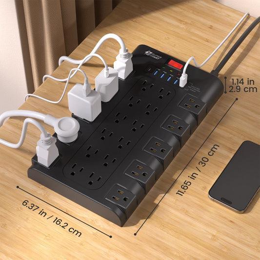 Surge Protector Power Strip with Flat Plug, Wall Mount, Black or White Options