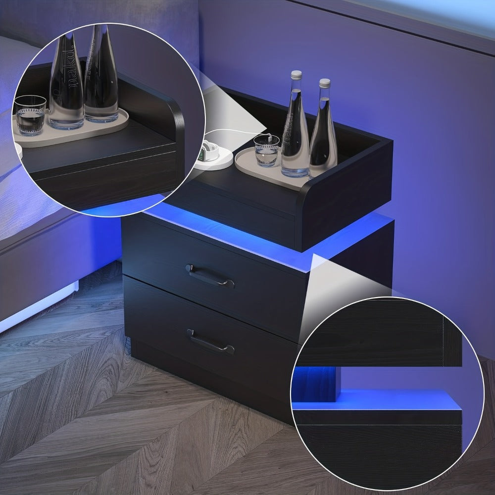 Small Nightstand with USB Charging Station & LED Lights – Compact Bedside Table with Drawer | Under 27 Inch Floor Mount | Dorm Studio Apartment Small Bedroom | Black or White | College Dorm Gift