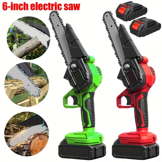 Cordless Mini Chainsaw, 6-Inch with Auto Tensioning, Two Batteries & Charger