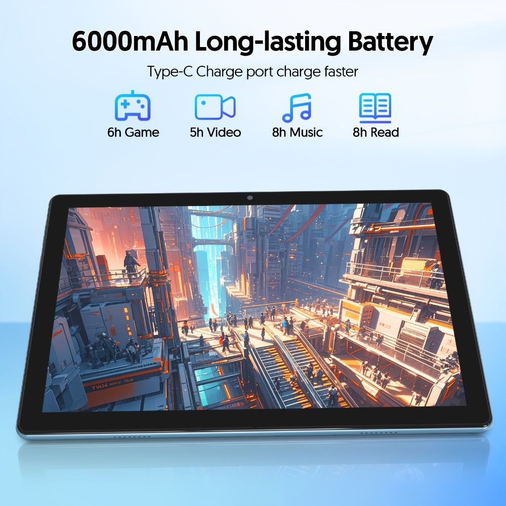 Android 15 Tablet 10.1 Inch WiFi 6 Quad-Core 12GB RAM 64GB ROM 1TB Expandable 6000mAh Battery 1280x800 IPS Display Dual Camera 8MP 2MP Optional Keyboard Case Mouse Stylus