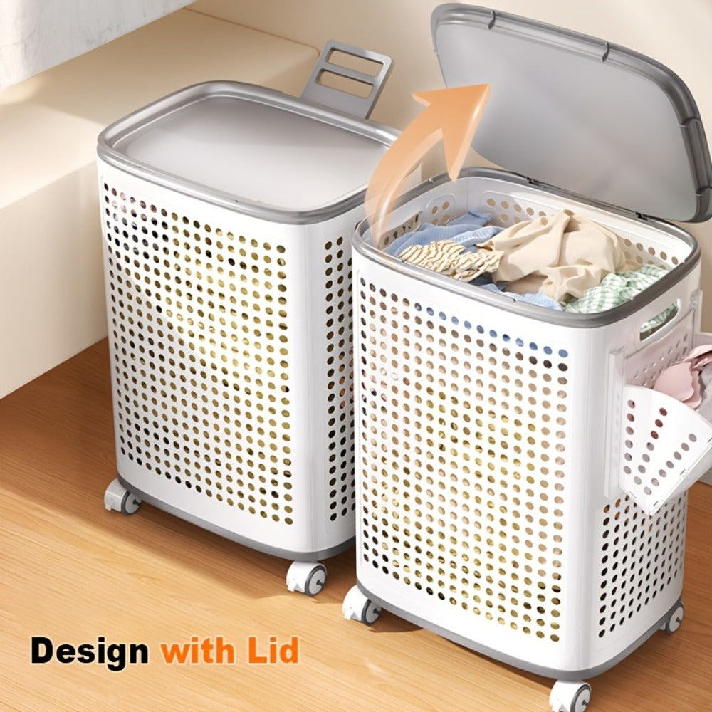 Rolling Laundry Basket with Lid and Wheels – Large Foldable Ventilated Storage Bin with Lockable Casters, Removable Inner Basket for Underwear, Space-Saving Clothes Hamper for Bedroom & Bathroom