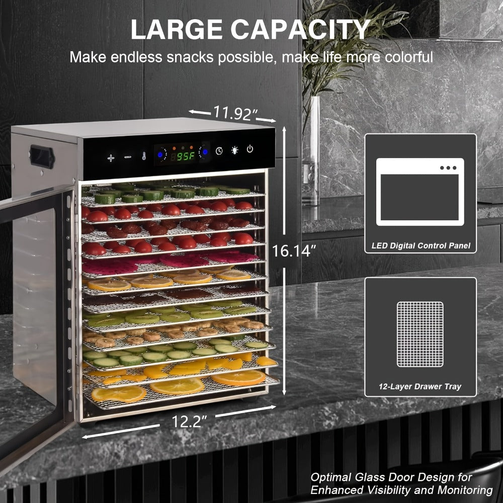 Food Dehydrator 12 Stainless Steel Trays 800W 24H Digital Timer 86-194°F Temperature Control 360° Hot Air Circulation for Jerky Fruit Herbs Vegetables with Recipe Book